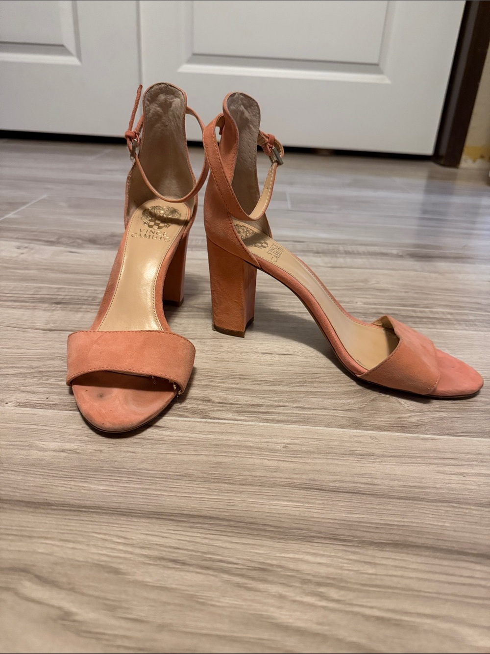 Vince Camuto Peach Suede Ankle-Strap Block Heels